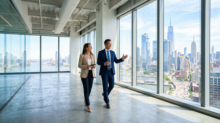 Obraz premium Male corporate real estate broker showing empty commercial office space towards female business client walking near large windows overlooking urban city skyline