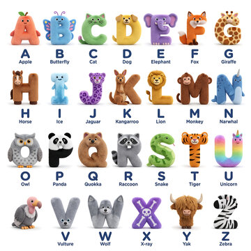 Multicolor furry 3D alphabet set featuring cute animal characters for children education