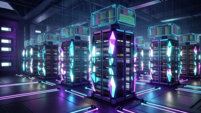 Futuristic data center with glowing server racks and digital monitoring panels in neon blue and purple lighting, high tech computer infrastructure interior