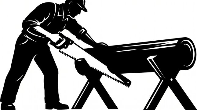 Carpenter sawing a log with a hand saw manual labor timber processin