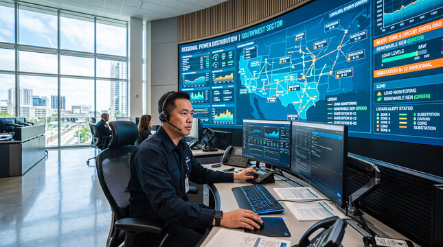 male utility operator wearing headset monitoring regional electric power distribution grid on large digital video wall screen in control room