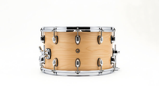 A wooden snare drum with chrome hardware isolated on a clean white background studio shot with hardware centered