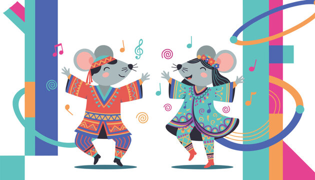 Two happy grey mice wearing traditional colorful folk clothing dancing inside decorative abstract border elements.