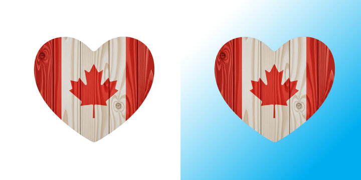 Heart shape with canada national flag pattern on wood texture isolated on white background