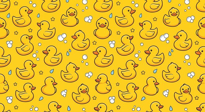 Seamless pattern featuring cute cartoon rubber ducks suitable for use as flooring patterns, backgrounds, or yellow gift wrapping