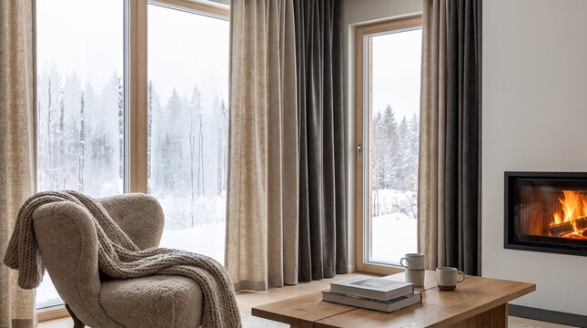 Cozy Winter Living Room with Armchair Fireplace and Snowy View