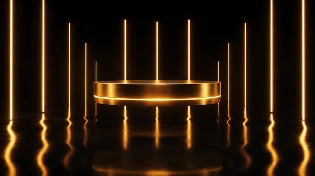 Luxury Gold Floating Podium Amber Neon Tube Lights Dark Background, Premium Product Display Loop 4K