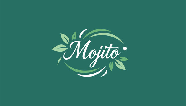 Fresh green mojito cocktail logo with organic mint leaves on a dark green background represents summer beverage.