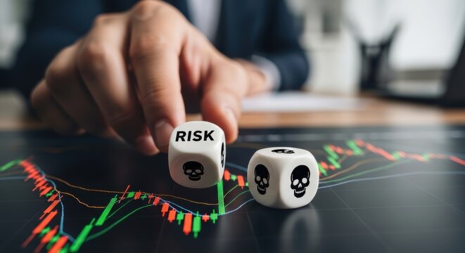 Global Debt Levels Concepts. Close-up of person holding dice with risk and skull icon over financial chart showing declining investment trend concept