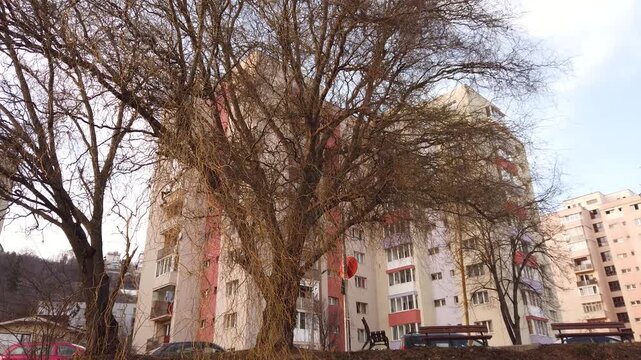Post Soviet thermal insulated flat of blocks built in the Communist era, concrete apartment buildings. Romania, Eastern Europe
