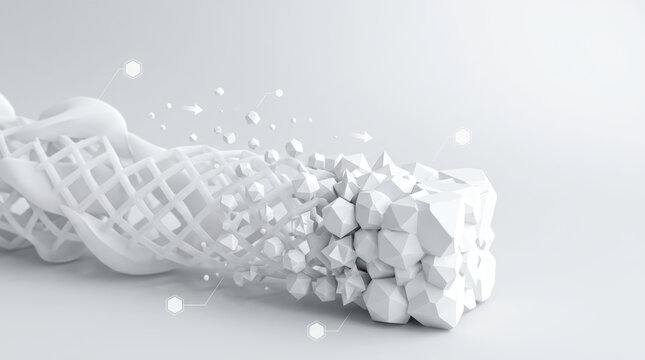 Osteoporosis research showing fragile bone structure breaking into geometric fragments on pale background