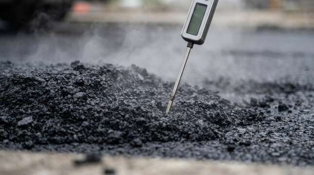 Hot asphalt road work supports careful planning with digital thermometer measuring pavement temperature during construction