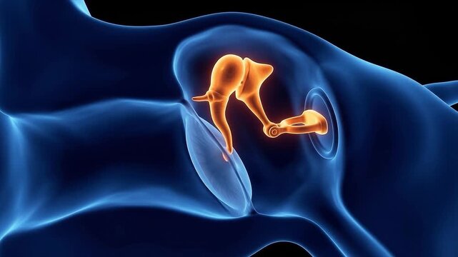 Extreme macro medical footage of glowing orange middle ear auditory ossicles malleus incus stapes vibrating against a deep blue eardrum cavity.