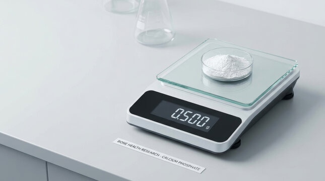 Digital scale weighing calcium phosphate powder for osteoporosis research clean laboratory setting with precise scientific measurement and analysis