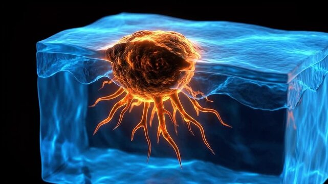 Medical illustration of malignant melanoma skin cancer with glowing orange tumor roots invading deep into the blue dermal tissue layer.
