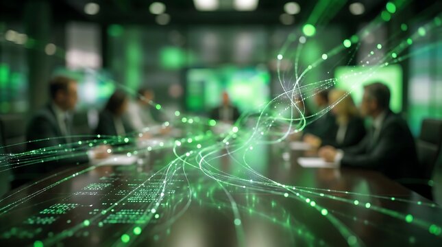 Green digital data streams flowing across corporate boardroom table during business meeting