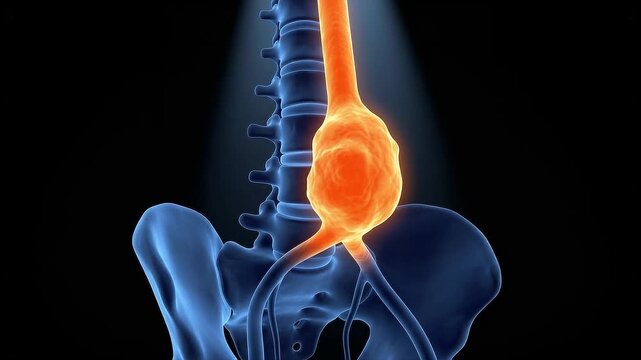 Medical illustration of a severe abdominal aortic aneurysm showing a pulsing glowing orange swollen artery at risk of rupture against a blue spine.