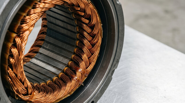 Electric drivetrain research reveals copper winding, stator core, and circular motor assembly in close up engineering detail