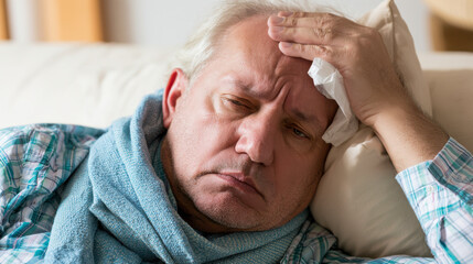 Fototapeta premium Senior Caucasian man with gray hair, wearing a blue scarf, resting on a couch. He appears unwell, holding a tissue to his forehead.