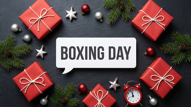 Boxing Day Gift Boxes and Decorative Holiday Ornaments on Dark Background