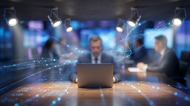 Corporate executive using laptop with futuristic glowing data network visualization in boardroom