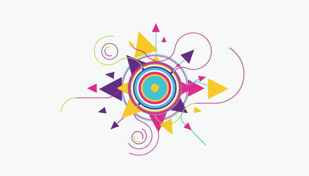 Complex geometric compass rose symbol decorated with colorful triangles, circles, arrows, and spiral lines.