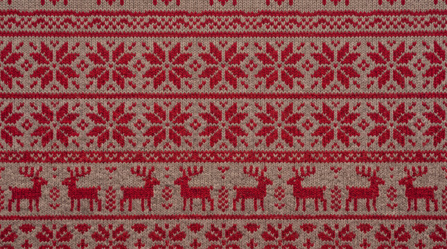 Knitted fabric texture pattern with traditional Nordic reindeer and snowflake winter graphics background christmas holiday sweater red beige scandinavian wool textile cloth knit ornament seasonal