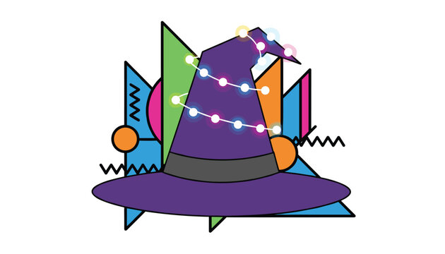 Spooky and colorful witch hat adorned with glowing festive fairy lights on an abstract colorful geometric background.