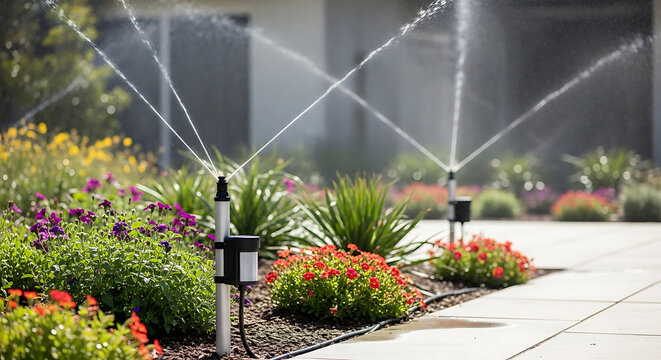 Garden sprinklers spraying water over colorful blooming flowers in a residential backyard landscape during daytime