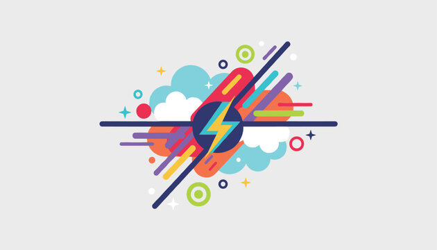 Vibrant lightning bolt energy icon surrounded by colorful dynamic lines, dots, and clouds on a light gray background.