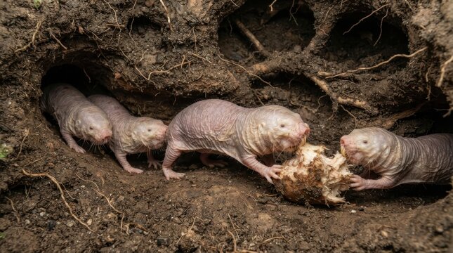 Naked Mole Rats Family: A fascinating glimpse into the subterranean world of naked mole rats, showcasing a small family gathering around a food source within their underground burrow.