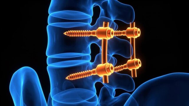 Medical illustration of spinal fusion surgery featuring glowing orange titanium pedicle screws and rods implanted in deep blue lumbar vertebrae.