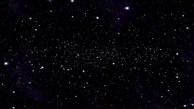 Star cluster in deep space with scattered bright stars and faint purple nebulae, captured from a high-angle fixed camera perspective