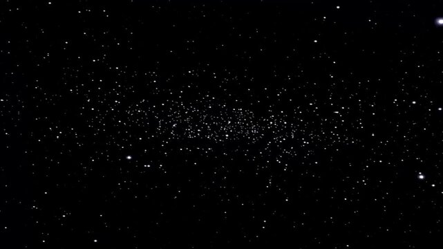 Star cluster in deep space with dense core and scattered bright stars, captured from a high-angle fixed camera perspective