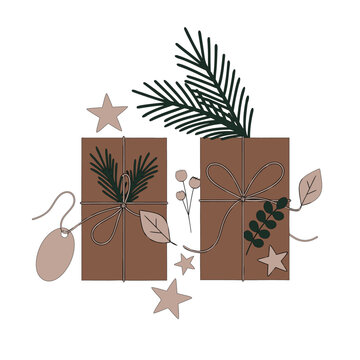 Minimalist Christmas Gift Boxes Decorated with Pine Branches and Stars for Holiday Greeting Cards