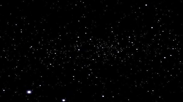 Star cluster glowing in deep space with scattered bright stars and faint nebulae, captured from a high-angle fixed camera perspective