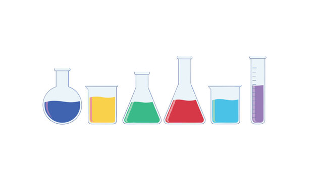 Set of six chemical laboratory glass beakers and flasks filled with different colorful liquids on a white background.