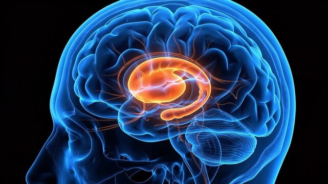 Medical illustration of the human brain showing glowing orange deep brain structures and basal ganglia highlighting neurodegenerative pathways.