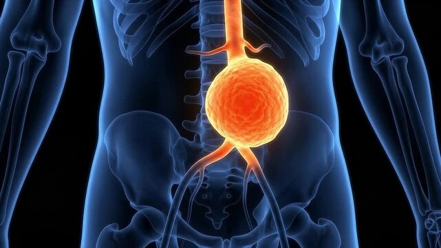 Medical illustration of an Abdominal Aortic Aneurysm AAA showing a dangerously ballooned orange aorta in the deep blue abdominal cavity.