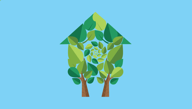 Ecology concept illustration of a house shape formed by two tree trunks and swirling green leaves on a blue background.