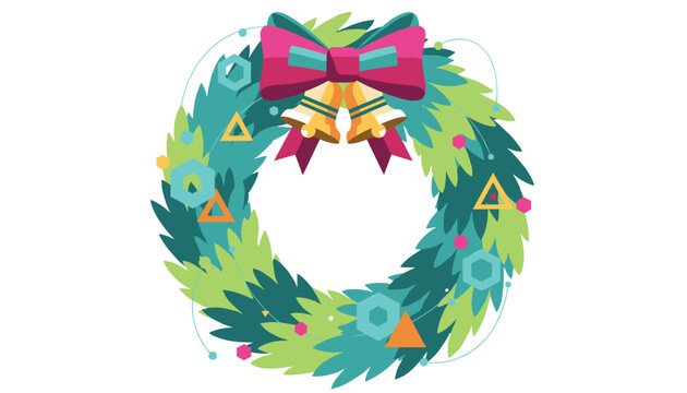 Festive green Christmas wreath decorated with pine needles, a large pink ribbon bow, and two shiny golden bells.