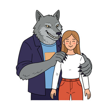Unhealthy relationship, large grey wolf embracing a young woman from behind. Vector illustration.