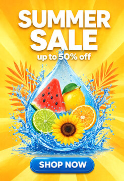 Bright summer sale advertisement with fresh fruits and water splash design for discounts and promotions