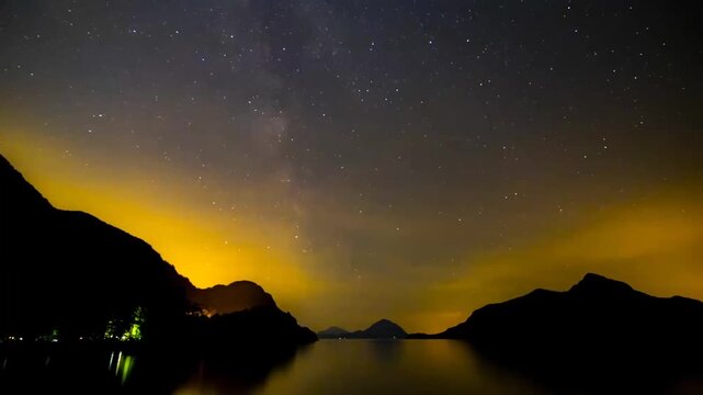 Milky Way galaxy arching over a serene mountain lake at night with glowing aurora-like horizon and campsite lights reflected in water