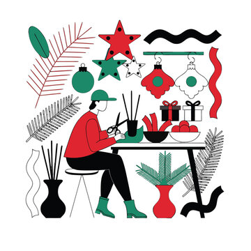 Vector illustration of a person creating handmade Christmas decorations and festive crafts at a table