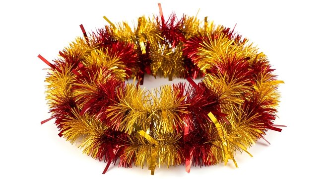 Festive tinsel wreath with red and gold strands on a clean white background
