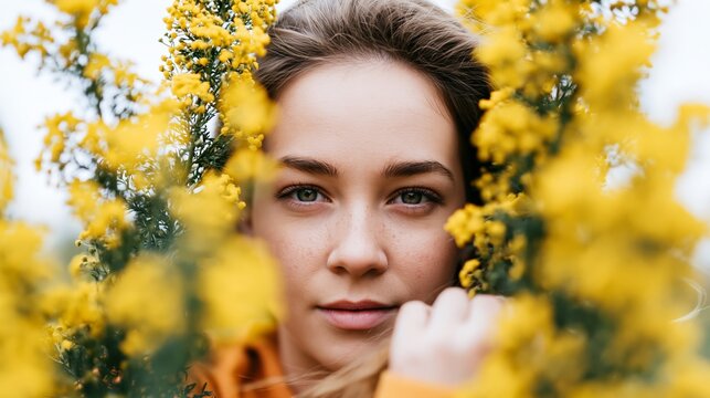 Young woman's face peeking through bright yellow flowering gorse branches, capturing natural beauty and a fresh expression