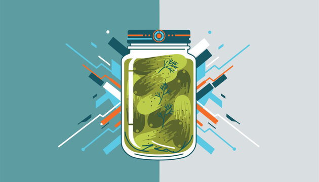 Pickled cucumbers in a glass jar decorated with abstract graphic elements against a split color background.