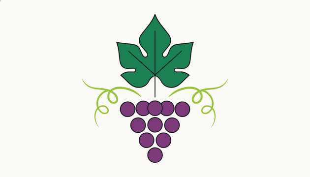 Minimalist graphic logo of a purple grape bunch with green leaf and elegant curly tendrils on white background.