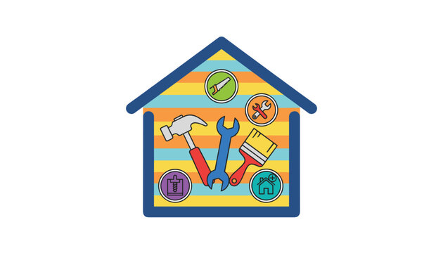 Home improvement concept illustration featuring construction tools inside a simple blue house outline.